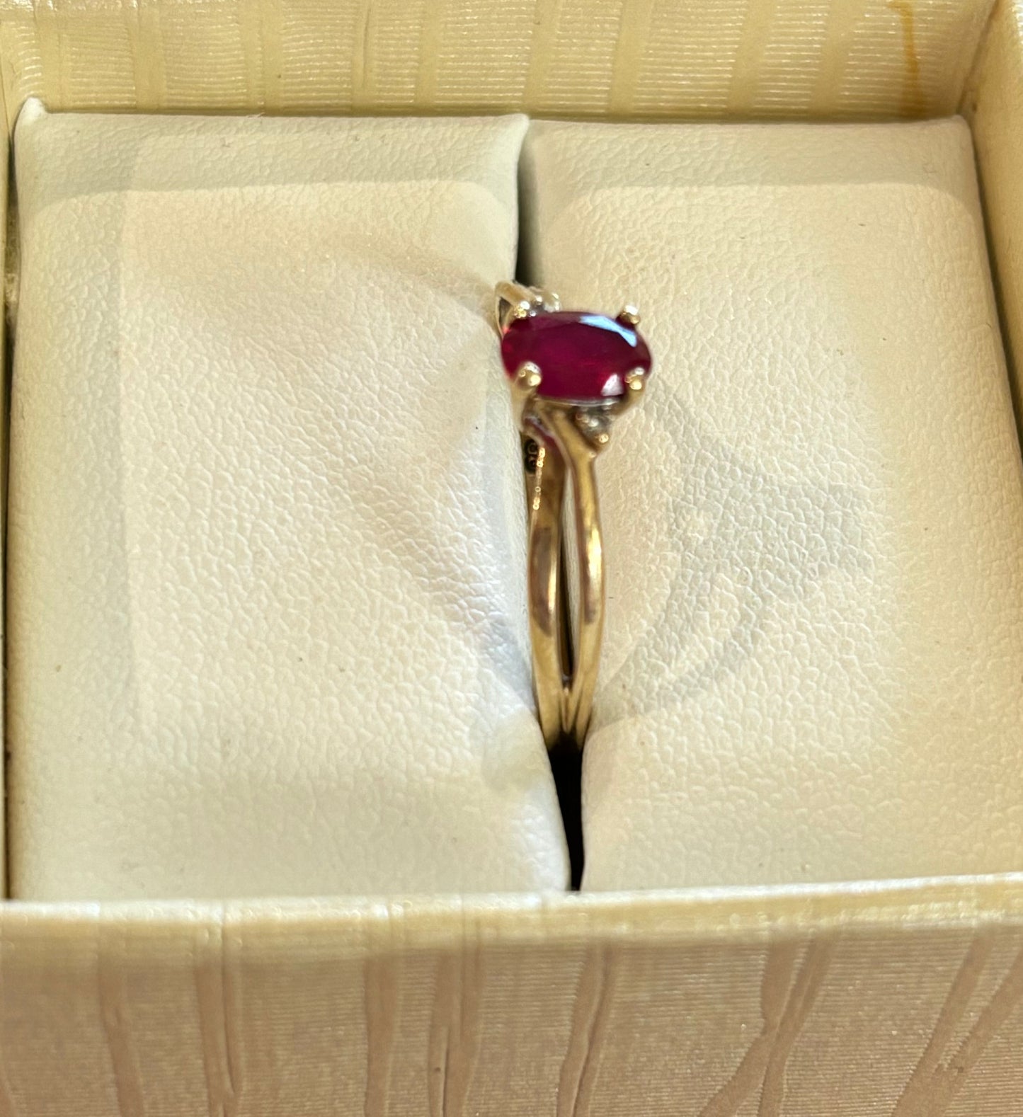 9ct Gold Double Banded Deep Red Ruby & 2 Diamonds Ring