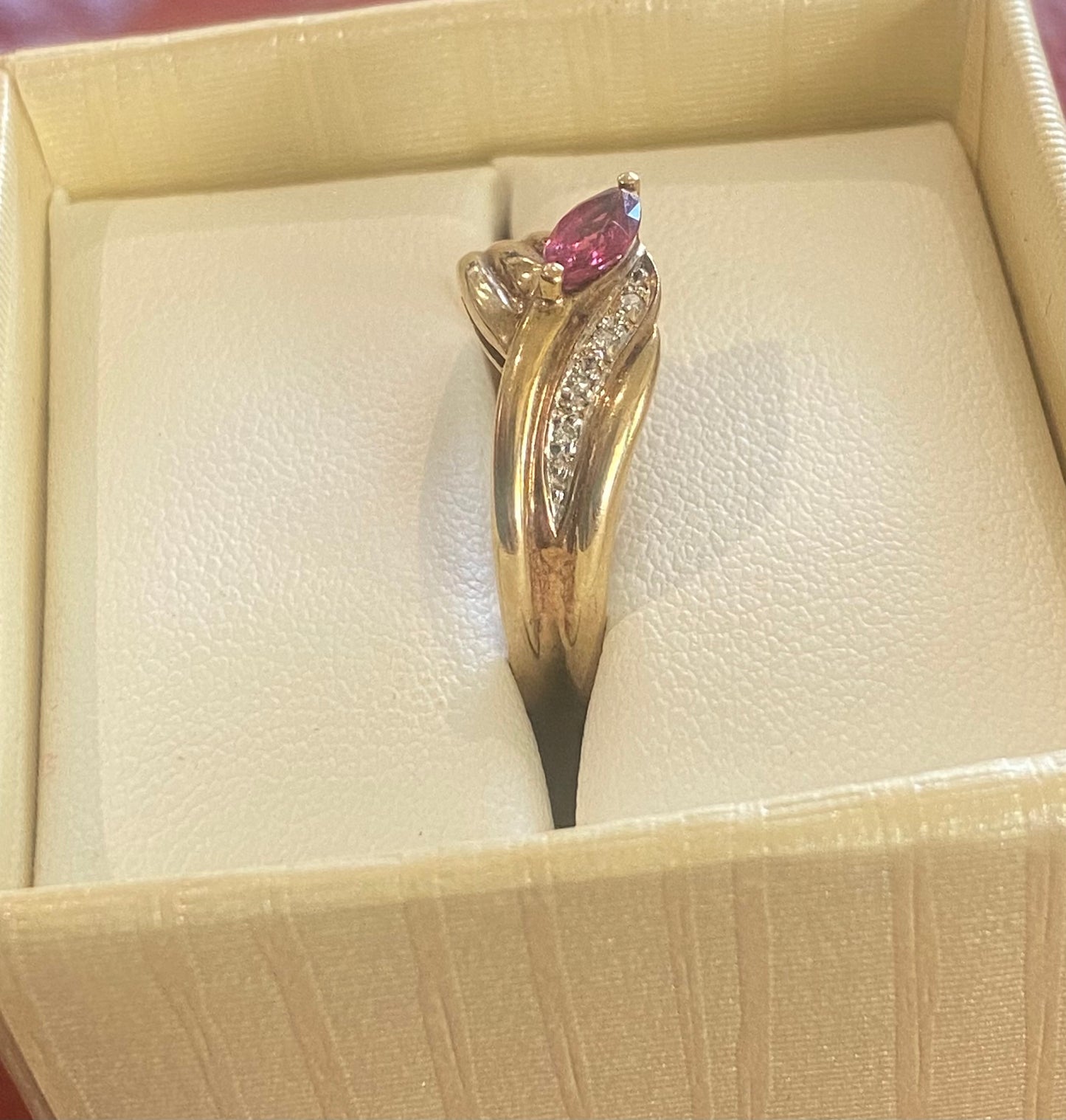 9ct Gold Natural Pear Shaped Ruby & Diamonds Band Ring
