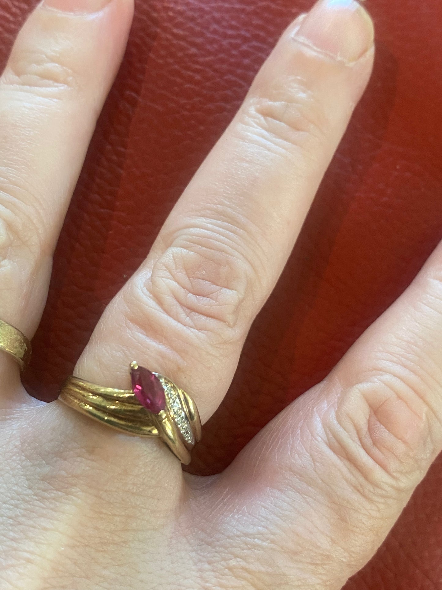 9ct Gold Natural Pear Shaped Ruby & Diamonds Band Ring