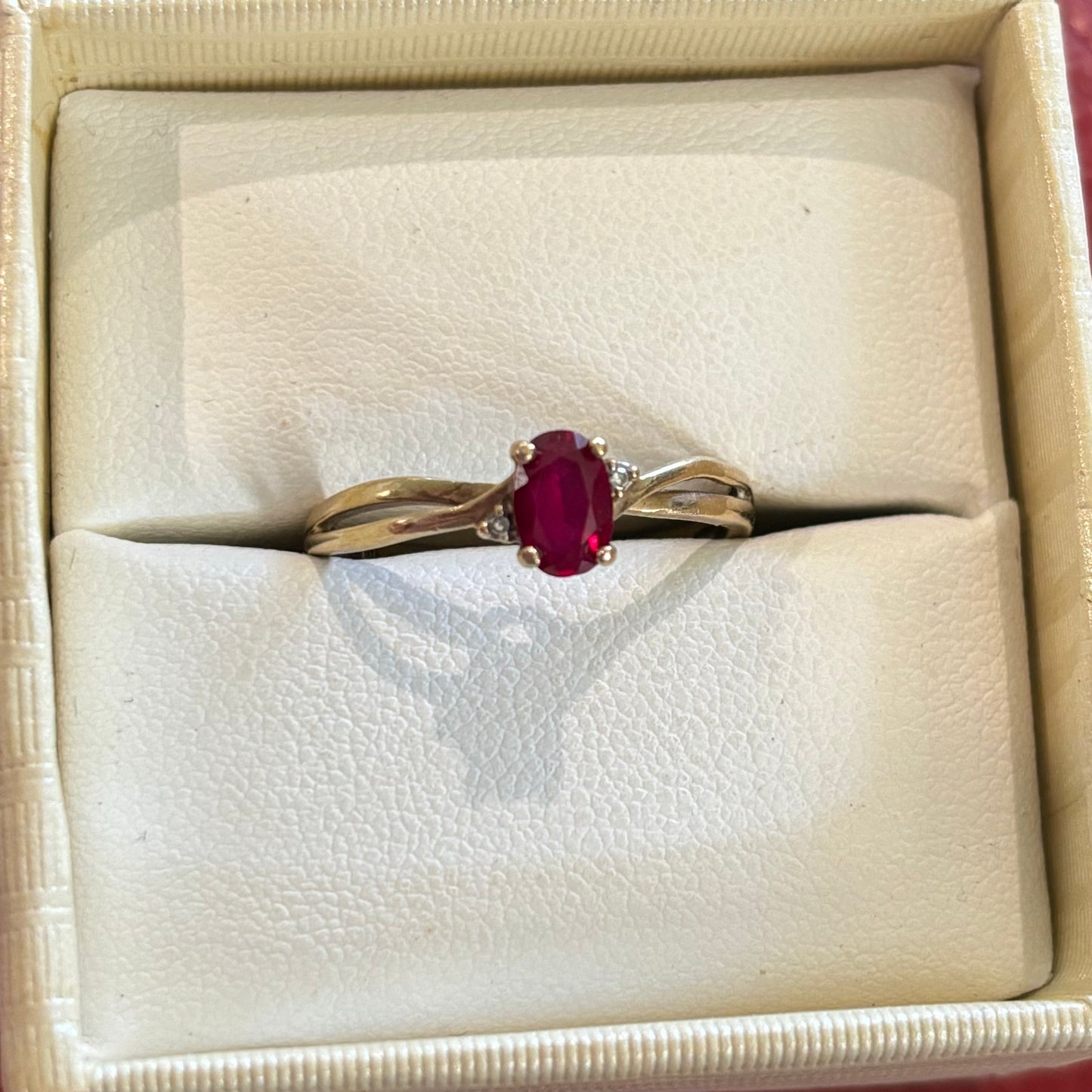 9ct Gold Double Banded Deep Red Ruby & 2 Diamonds Ring