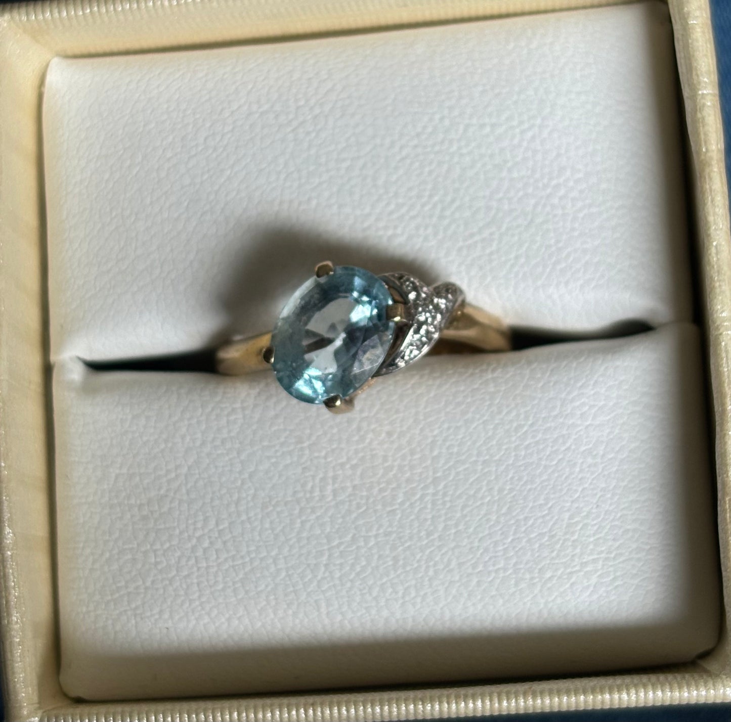 9ct Gold Natural Large Blue Topaz & Diamonds Ring