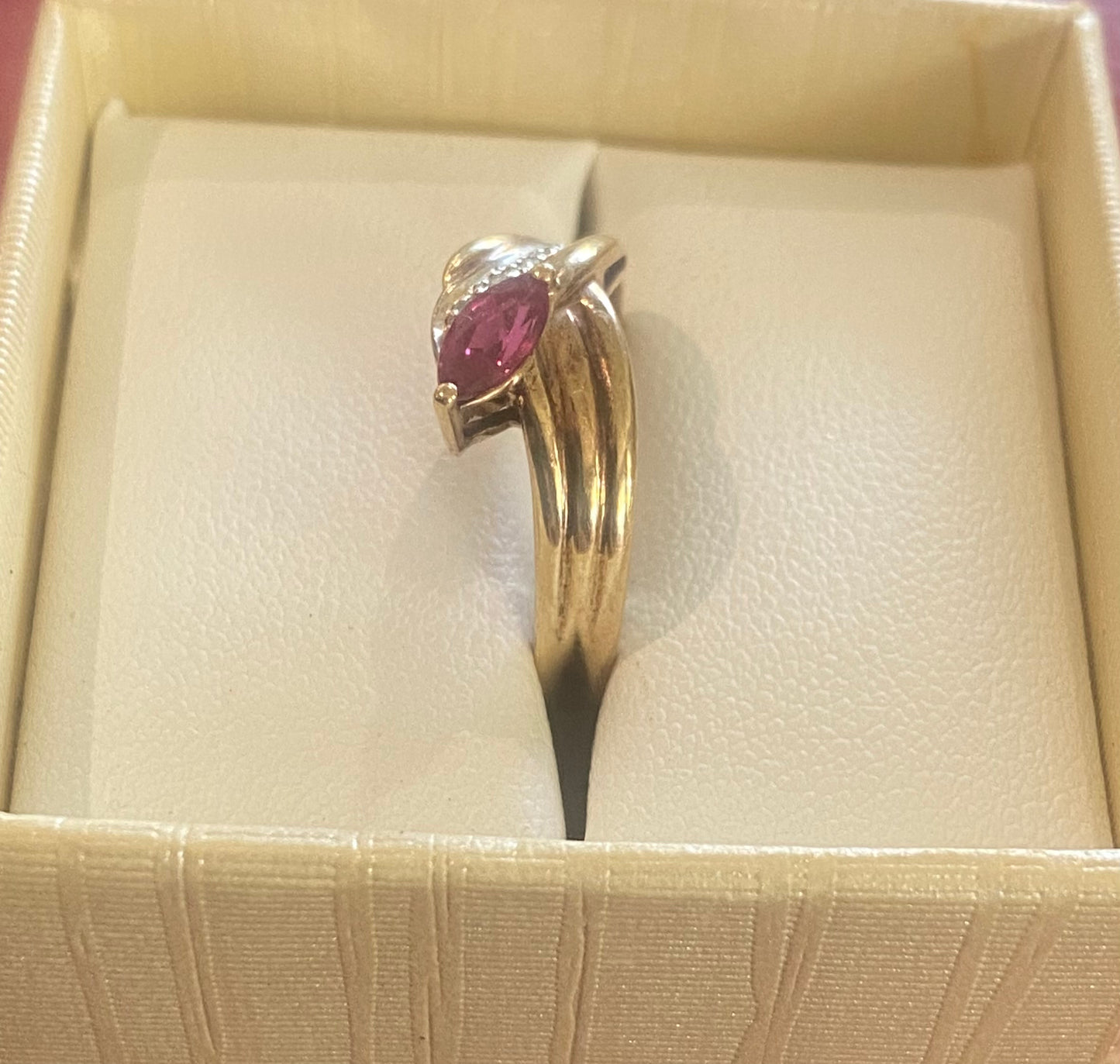 9ct Gold Natural Pear Shaped Ruby & Diamonds Band Ring