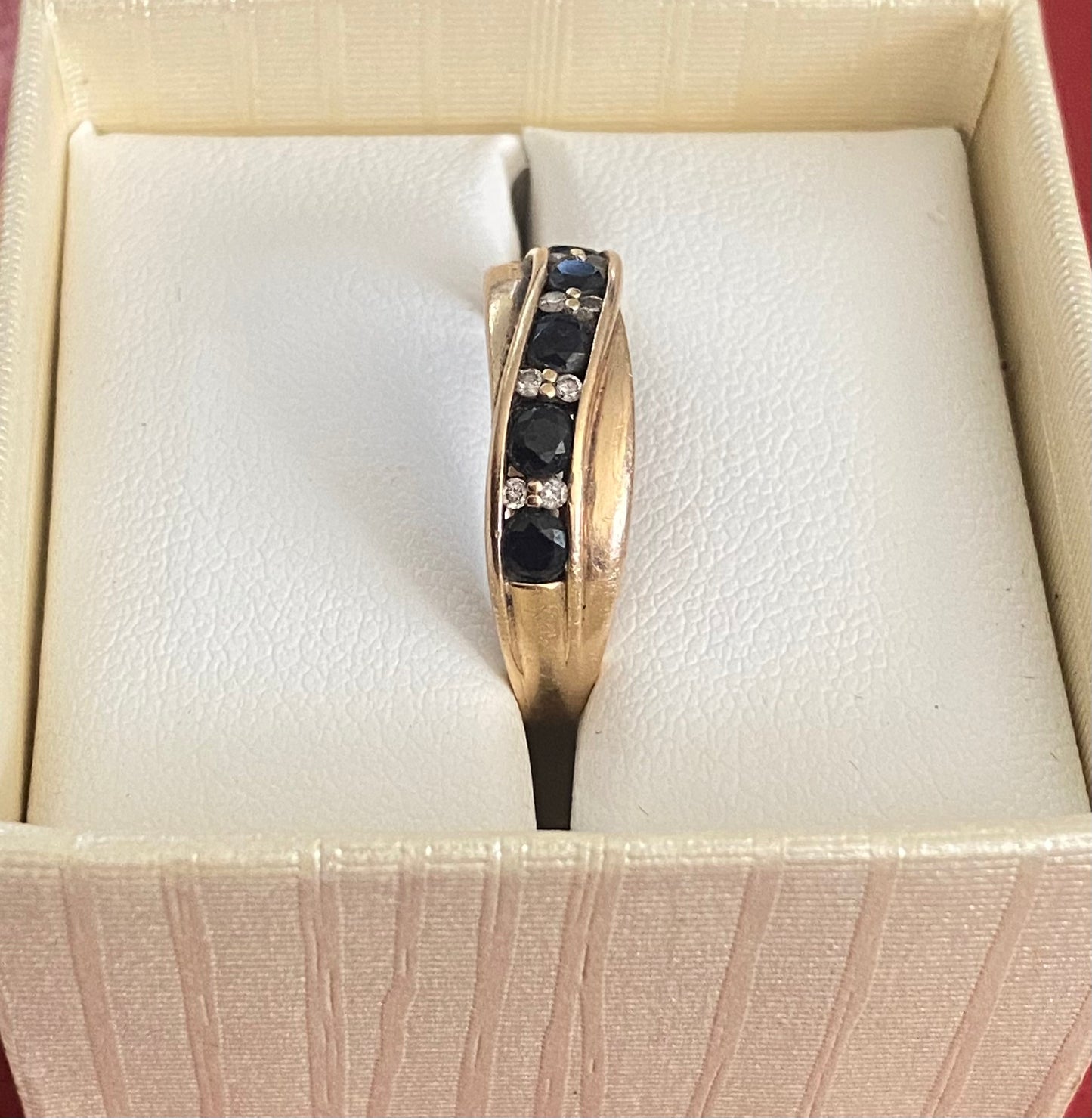 9ct Gold 5 Natural Black Sapphires & 8 Diamonds Band Ring