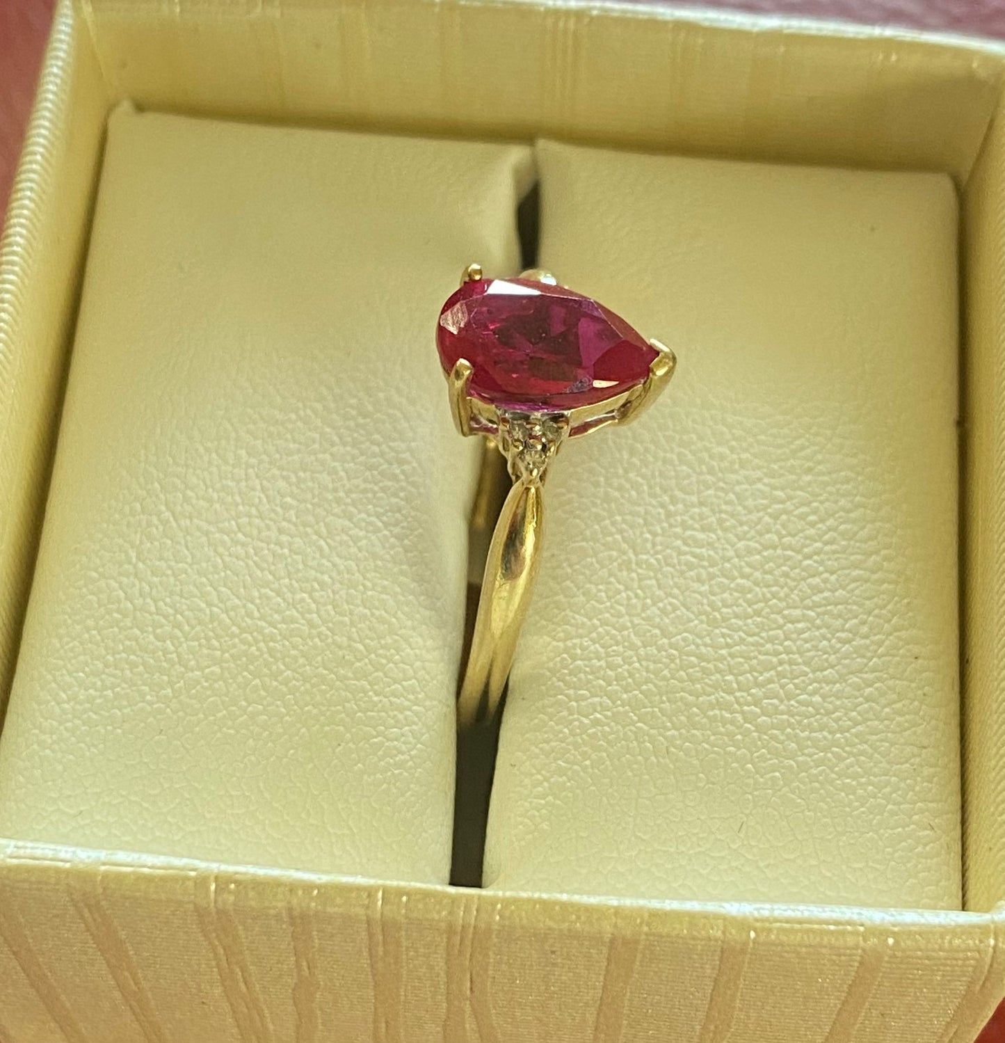 9ct Gold Created Pear Shaped Ruby & 6 Diamonds Ring - Big Size