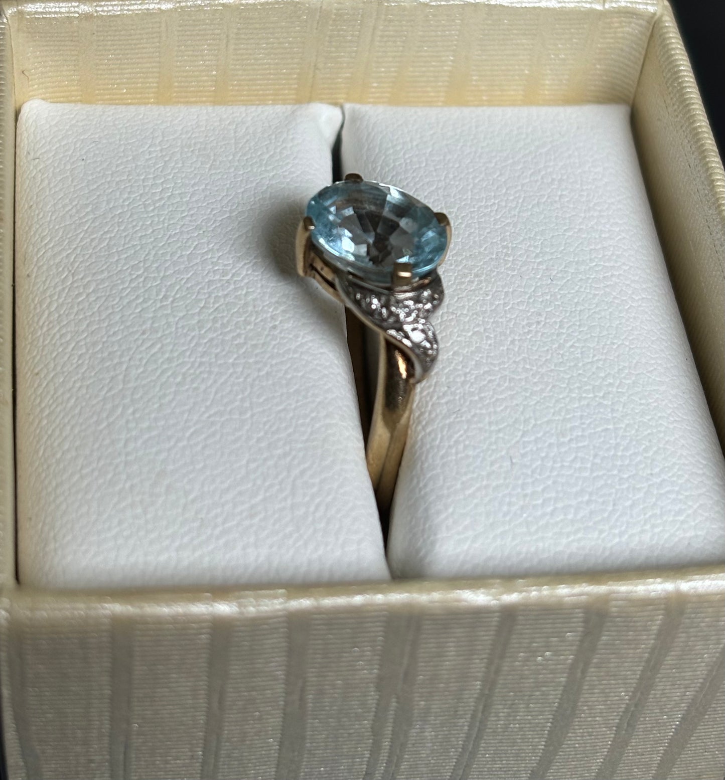 9ct Gold Natural Large Blue Topaz & Diamonds Ring