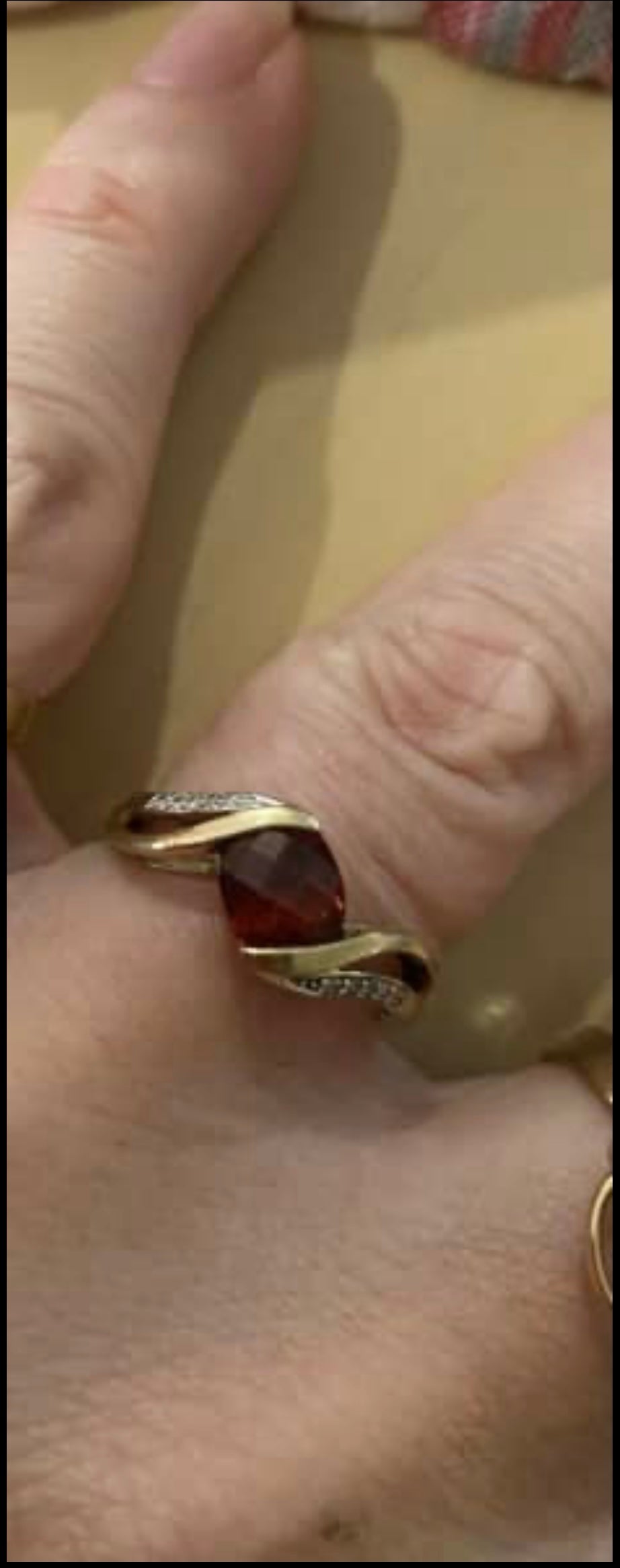 9ct Gold Natural Bezel Set & Faceted Deep Red Garnet & 10 Diamonds Band Ring