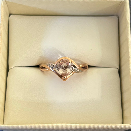 9ct Rose Gold Pear Shaped Natural Light Pink Morganite & Diamonds Ring