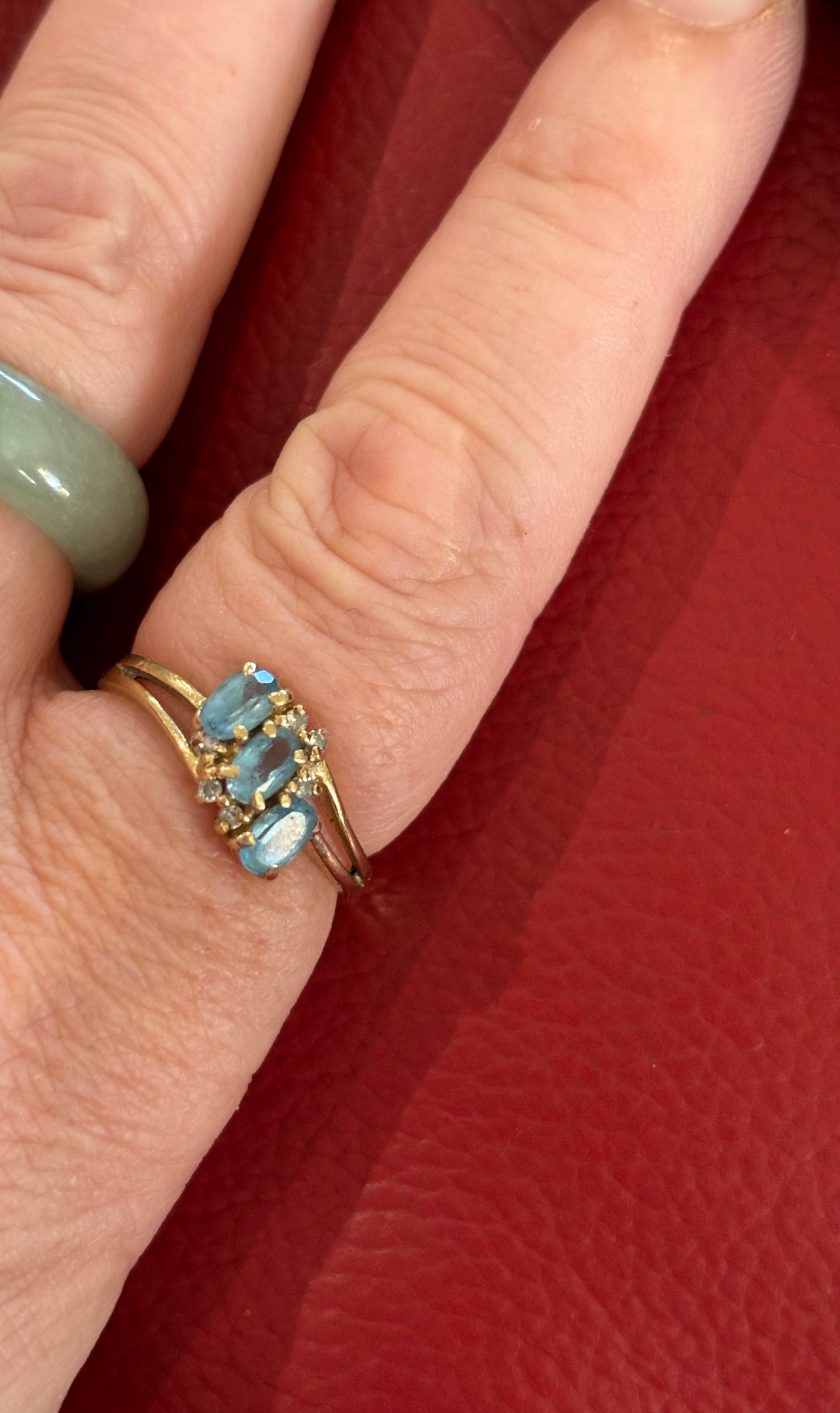 9ct Gold 3 Natural Blue Topaz & 4 Diamonds Ring