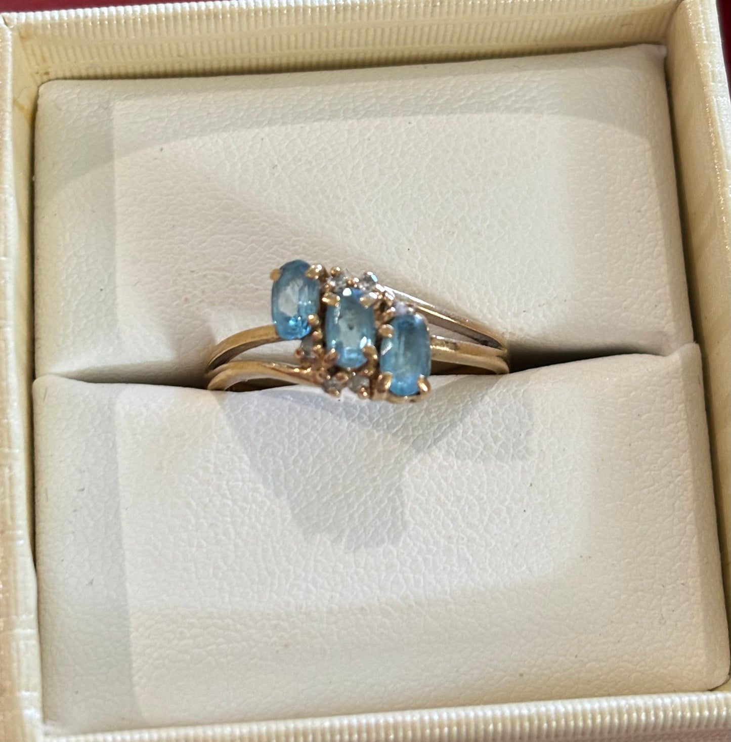 9ct Gold 3 Natural Blue Topaz & 4 Diamonds Ring