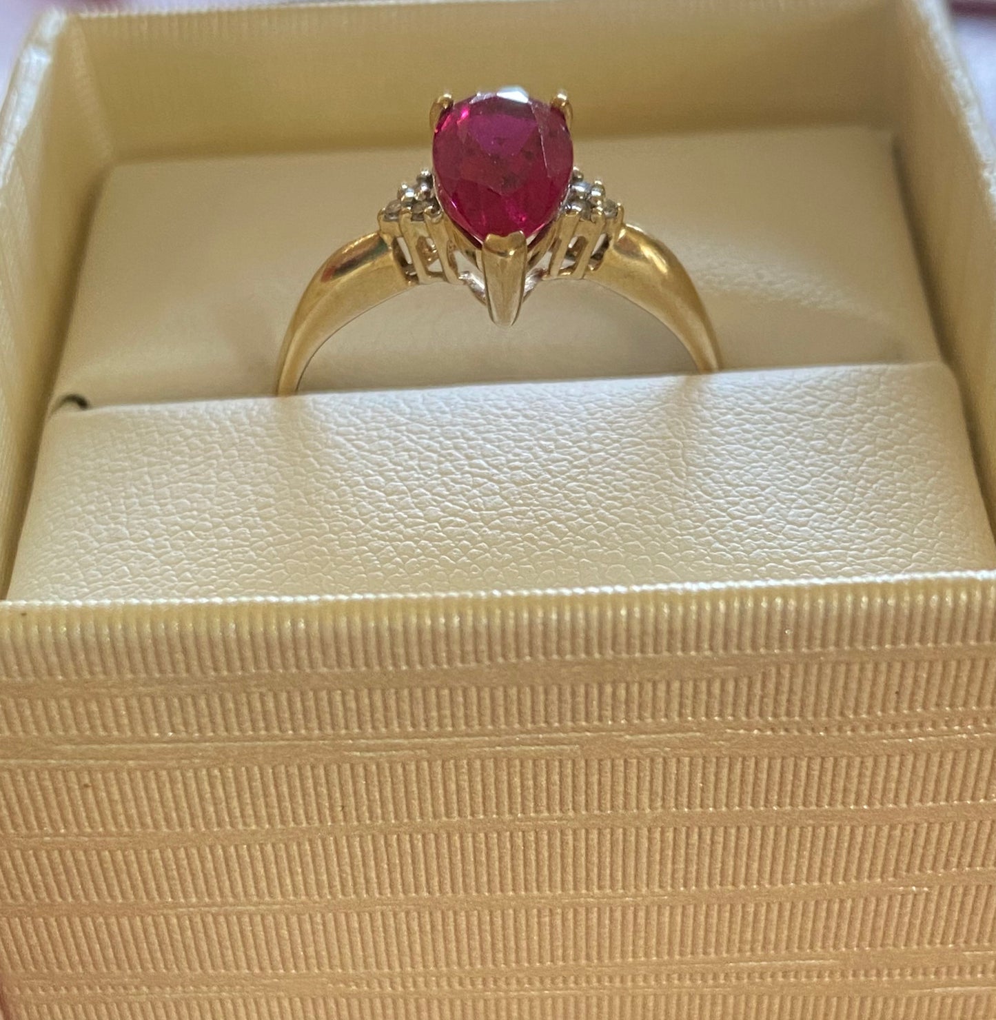 9ct Gold Created Pear Shaped Ruby & 6 Diamonds Ring - Big Size