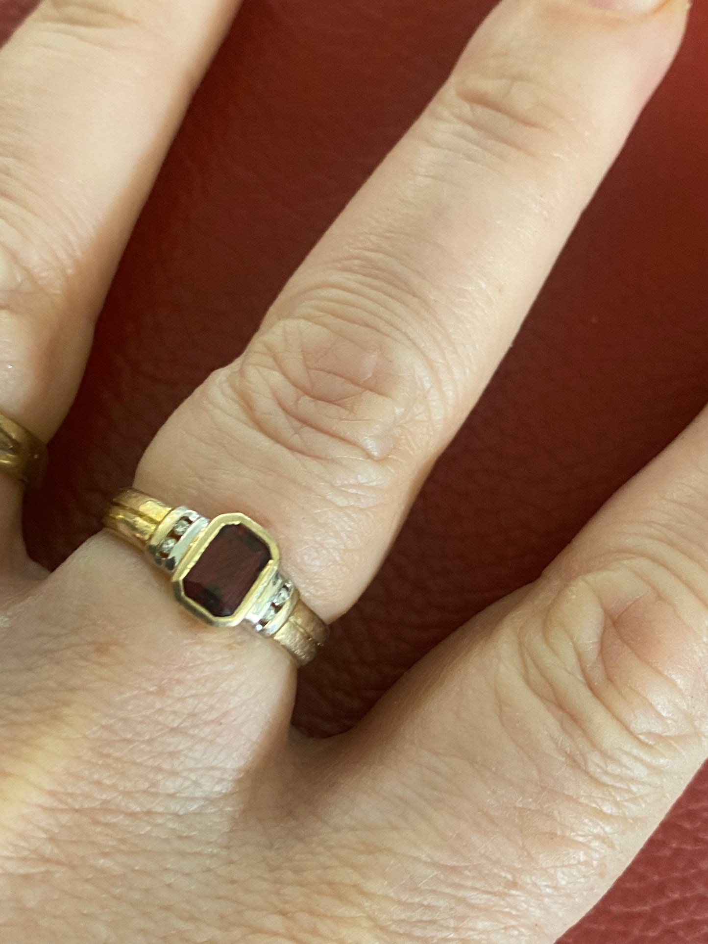 9ct Gold Natural Deep Red Bezel Set Garnet & 4 Diamonds Ring