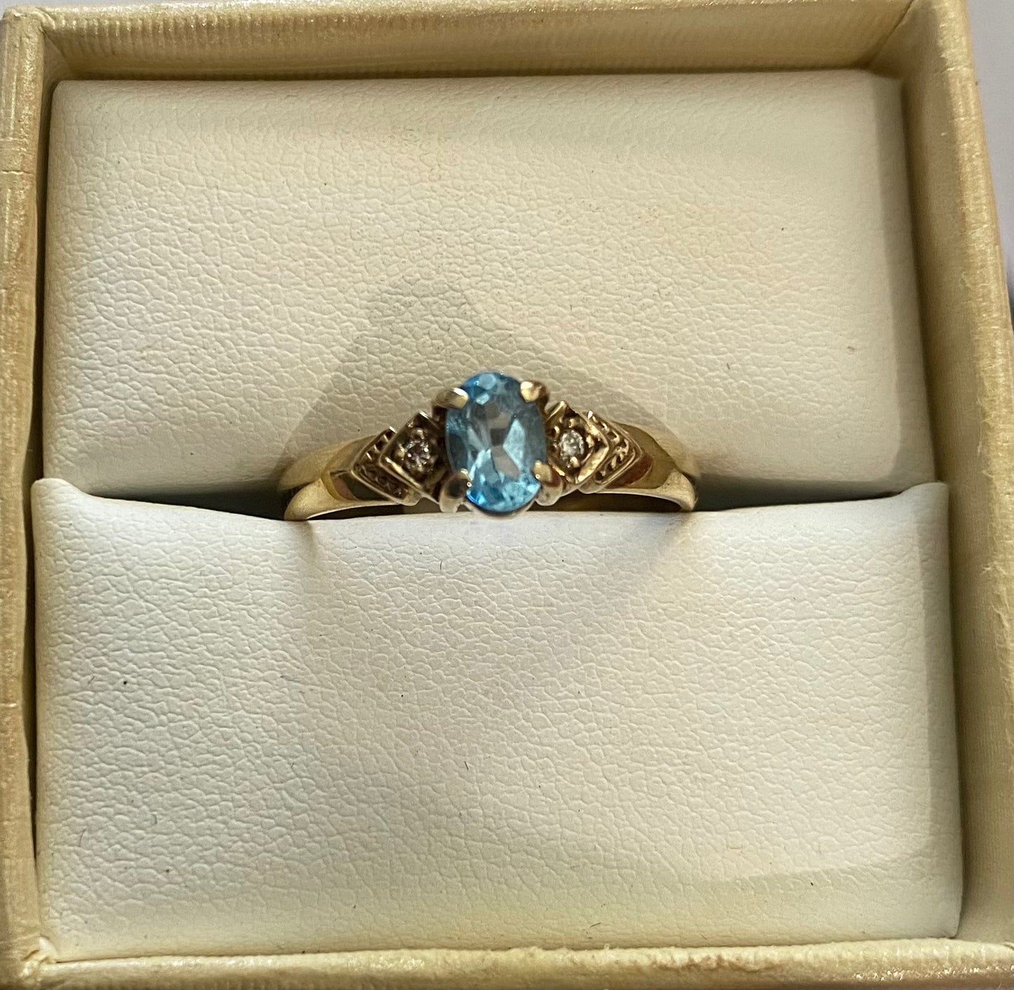 9ct Gold Natural Blue Topaz & 2 Diamonds Ring