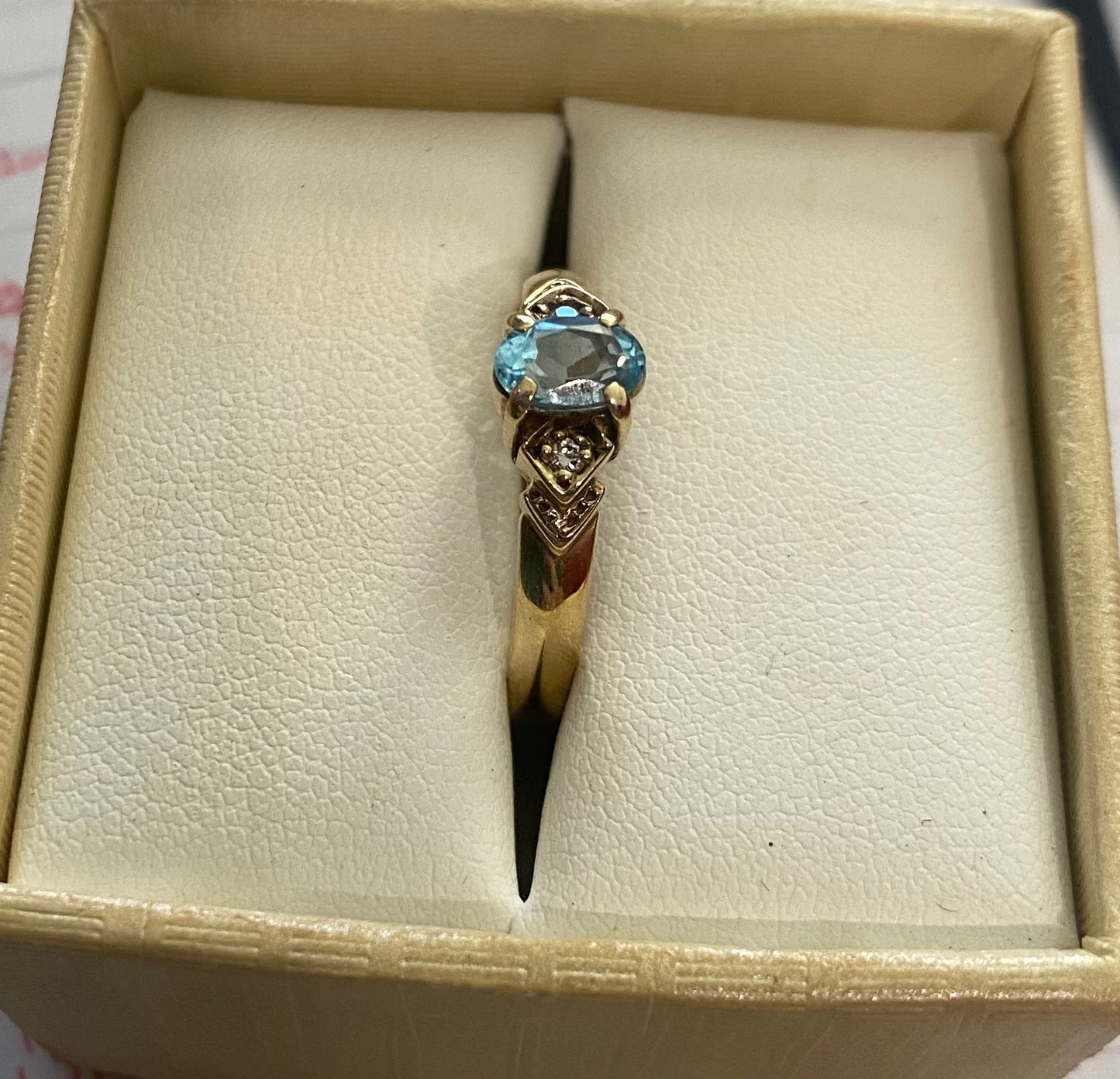 9ct Gold Natural Blue Topaz & 2 Diamonds Ring