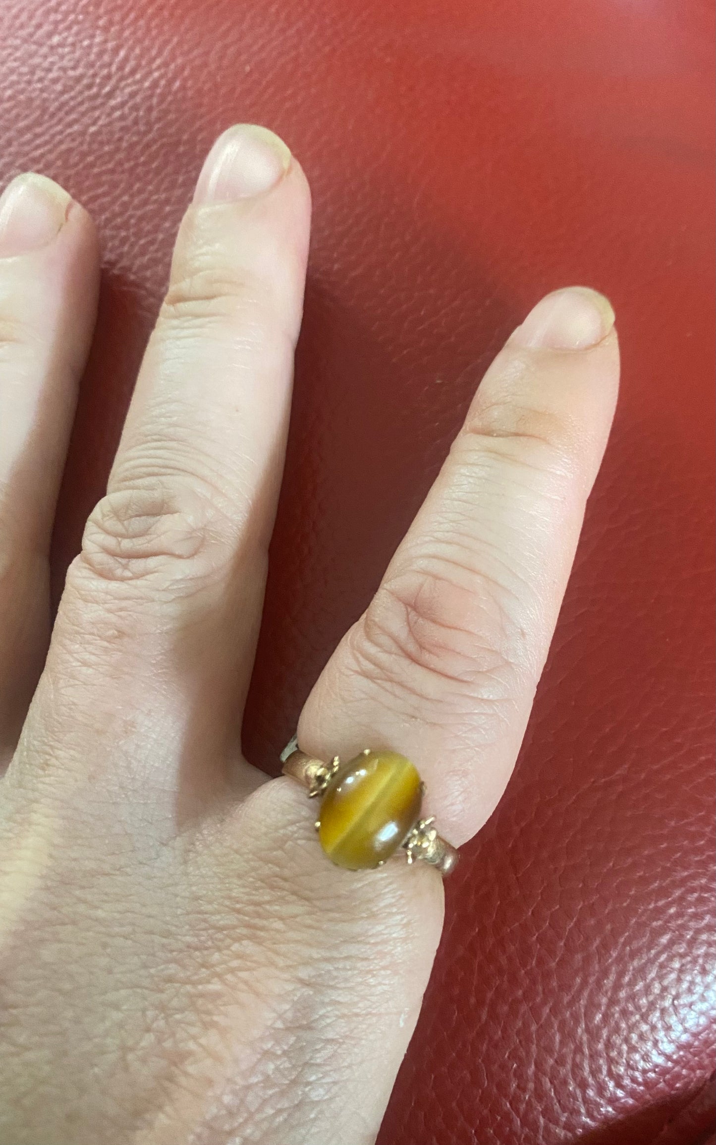 9ct Gold Solid Natural Tiger’s Eye & 2 Flowers Ring