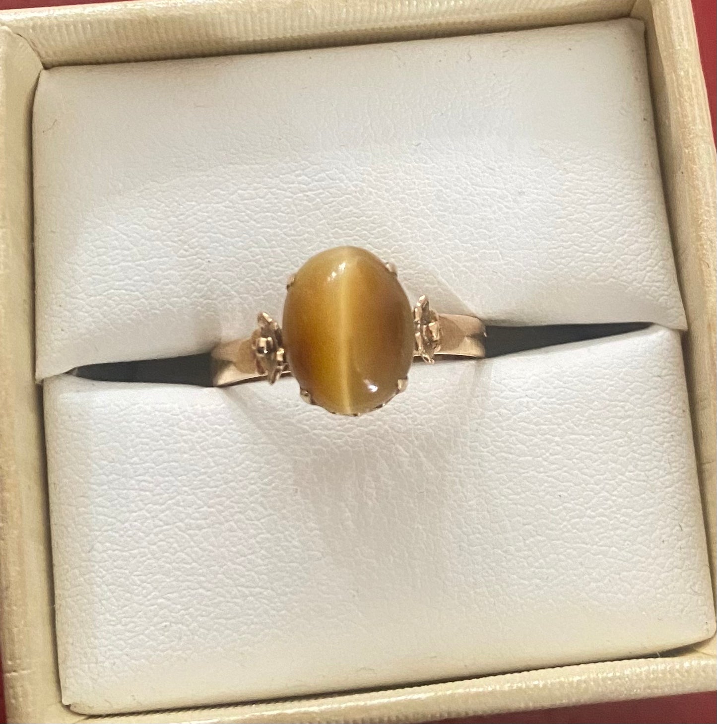 9ct Gold Solid Natural Tiger’s Eye & 2 Flowers Ring